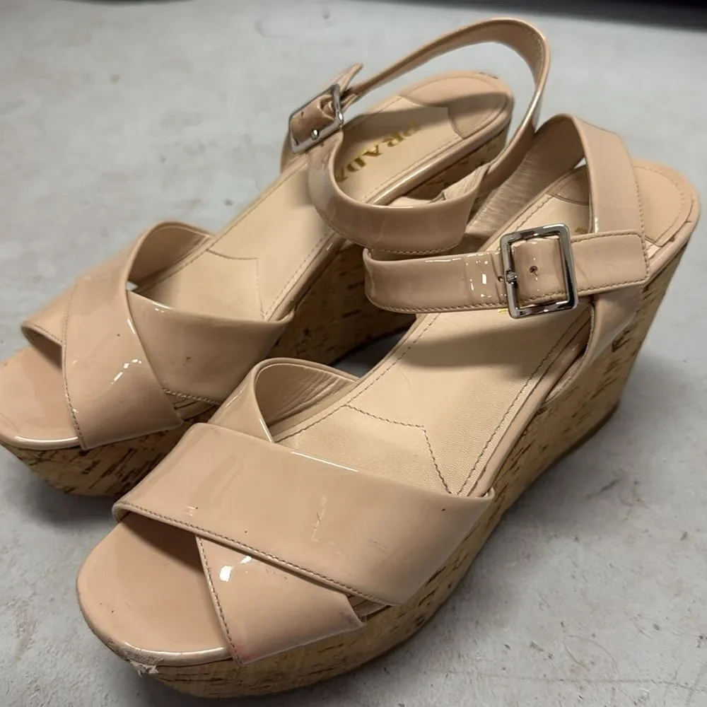 Elegant Beige Wedge Sandals PRADA Authetic Wedge Platform Patent Tan Sandals